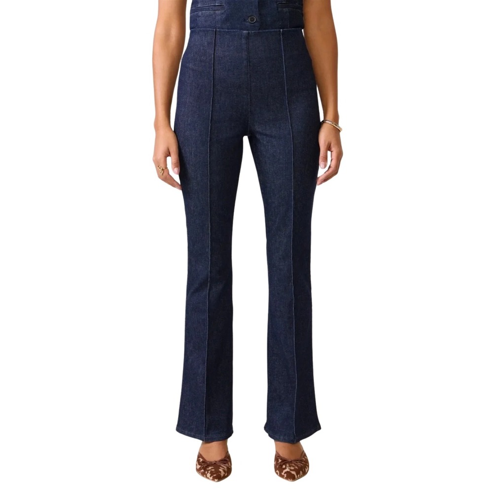 Spanx Jeans Medium Dark Indigo Pull On Flare Seam High Rise Denim Cotton Stretch